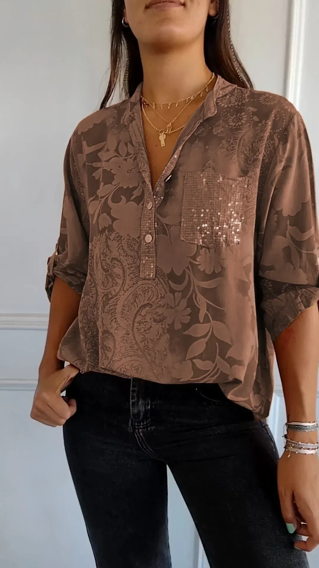 Maureen® | Printed V-Neck Top With Half Buttons - Image 11