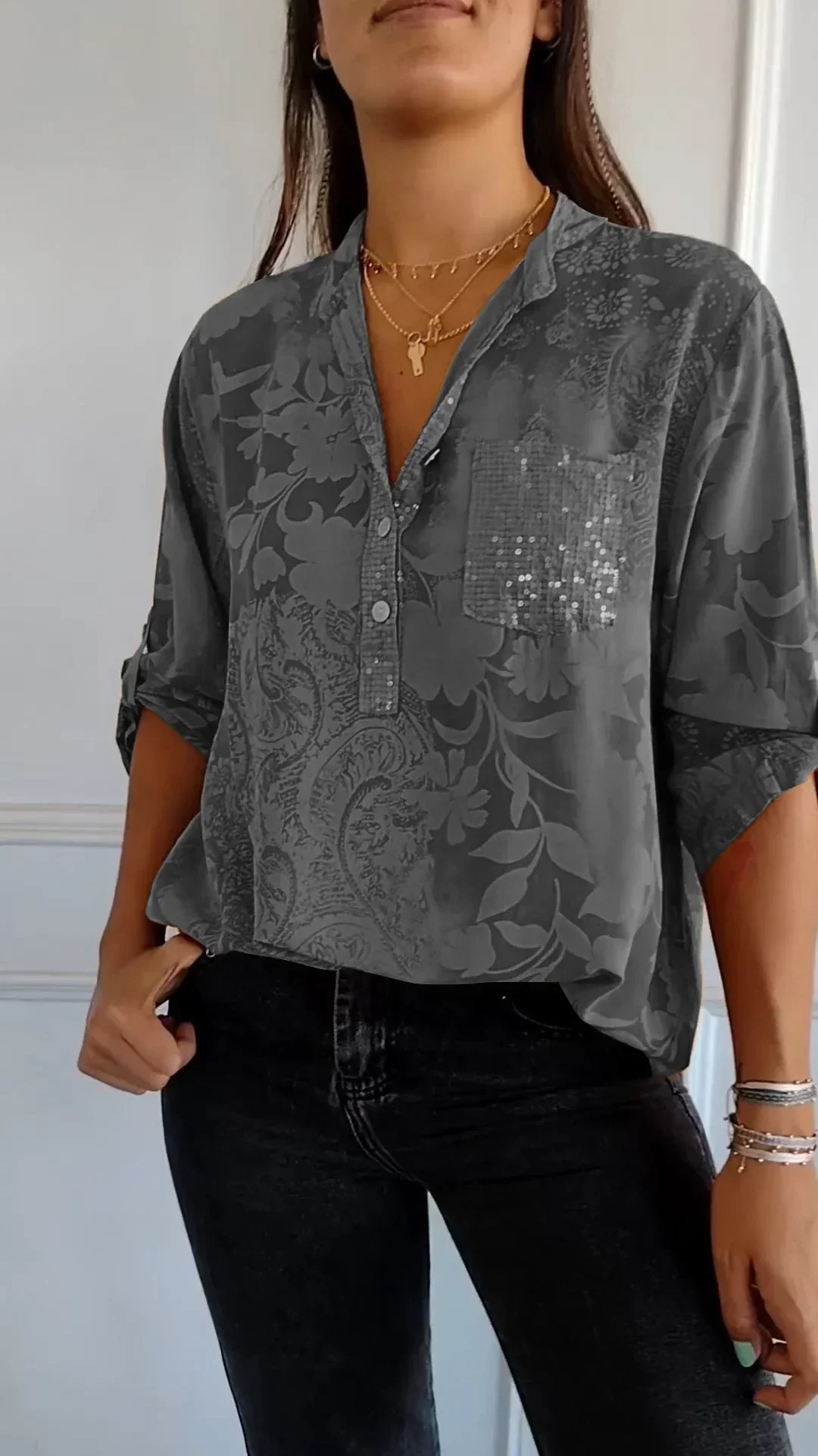Maureen® | Printed V-Neck Top With Half Buttons - Image 12