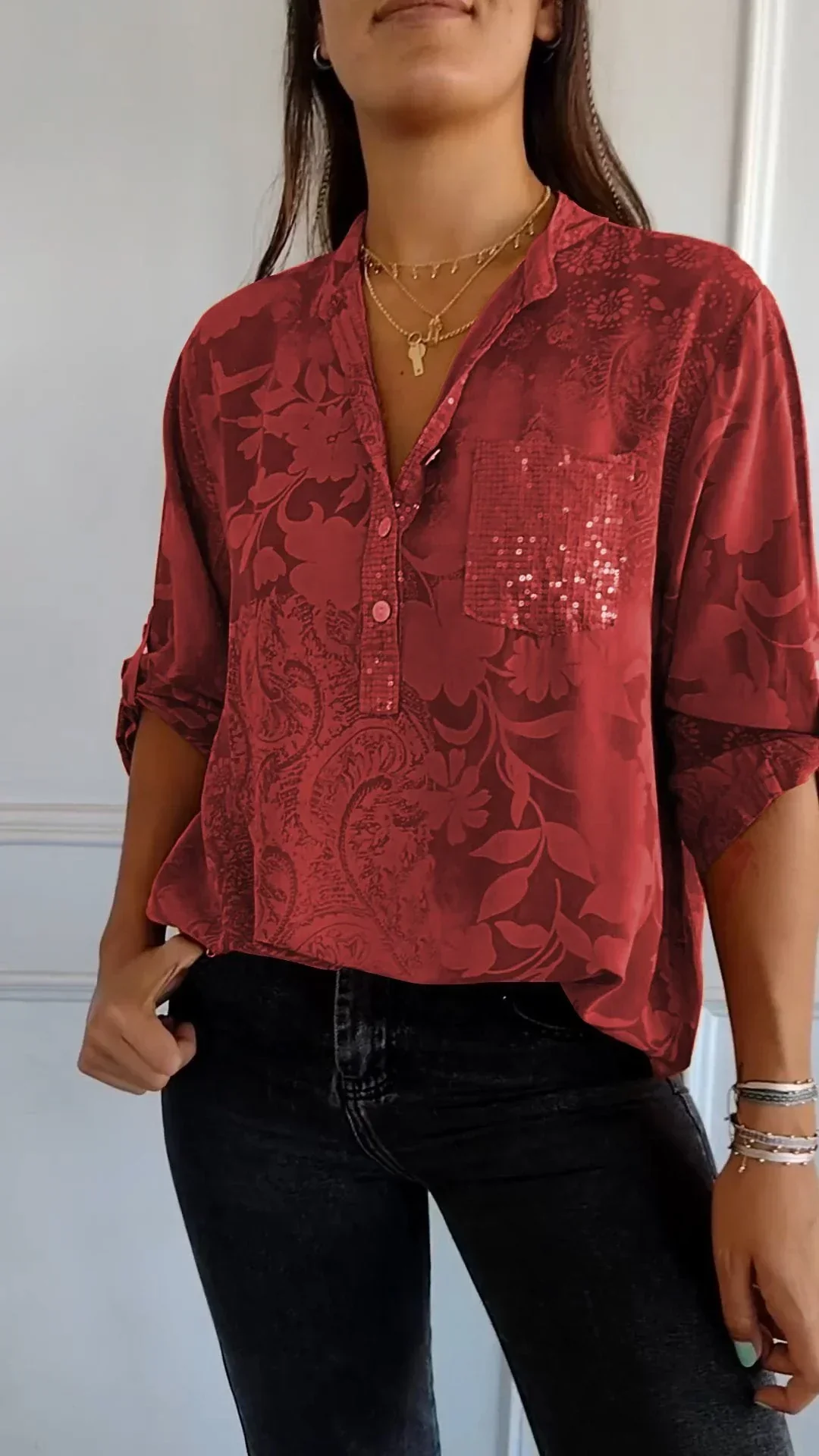 Maureen® | Printed V-Neck Top With Half Buttons - Image 6