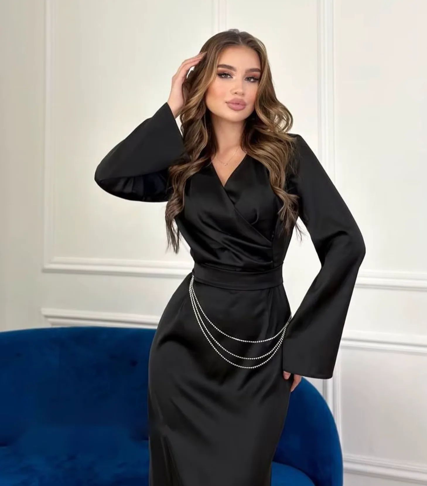 Melania® | Elegant Satin Dress With Flared Sleeves - Image 3