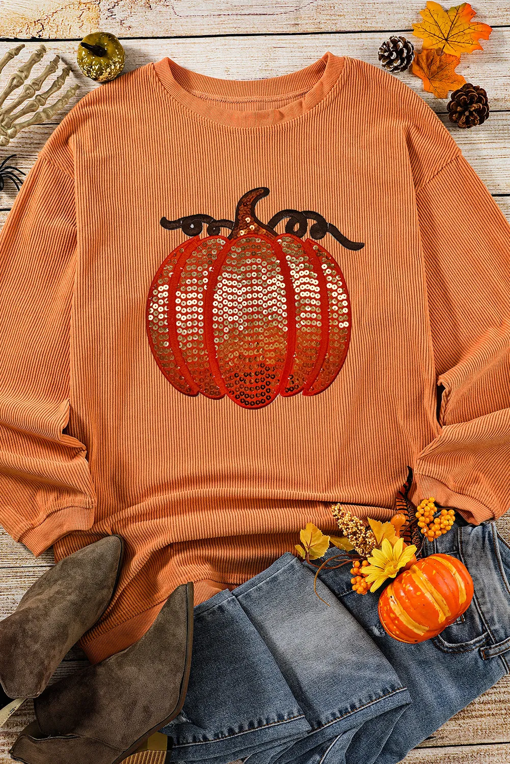 Melina | Long sleeve sequin pumpkin crew neck sweatshirt - Image 5