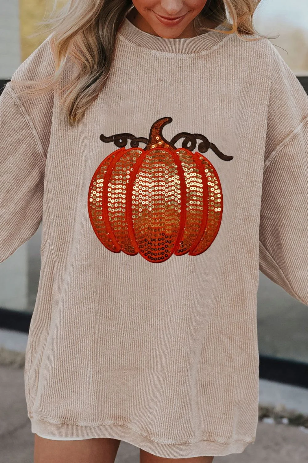 Melina | Long sleeve sequin pumpkin crew neck sweatshirt - Image 7