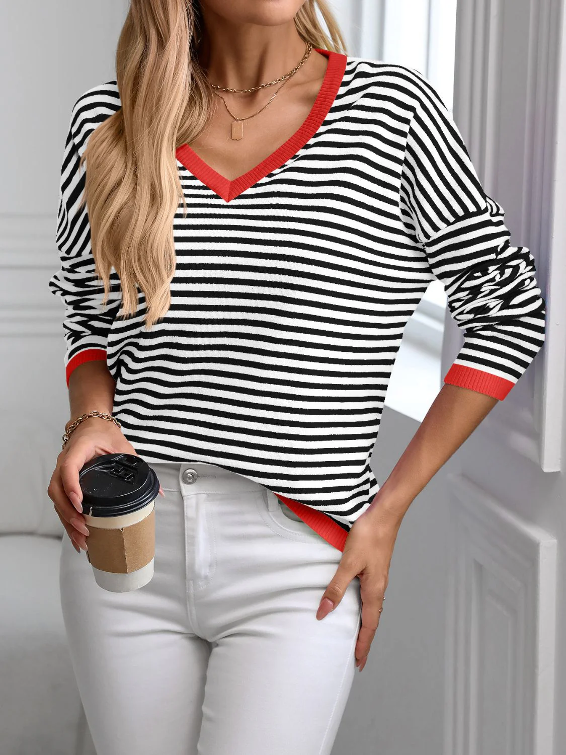 Melina | Striped long-sleeved knit top with V-neck and contrast trim - Image 6