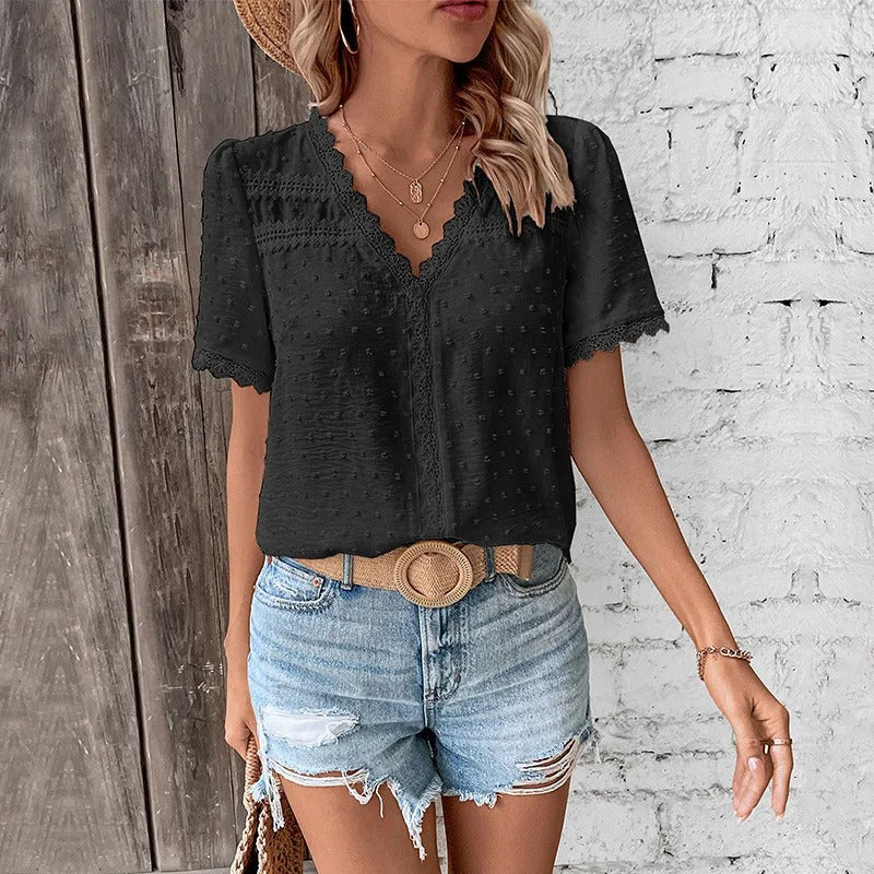 Mia® | Elegant Lace Blouse With A V-Neck And Puff Sleeves