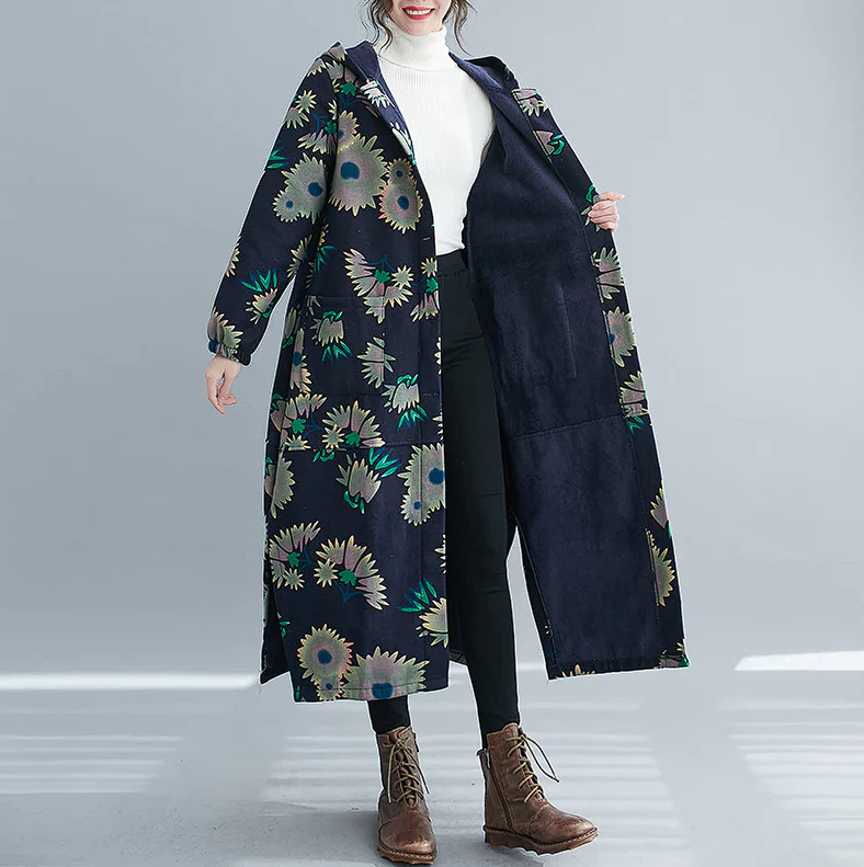 Mila | Long vintage-style cotton winter coat with hood - Image 2
