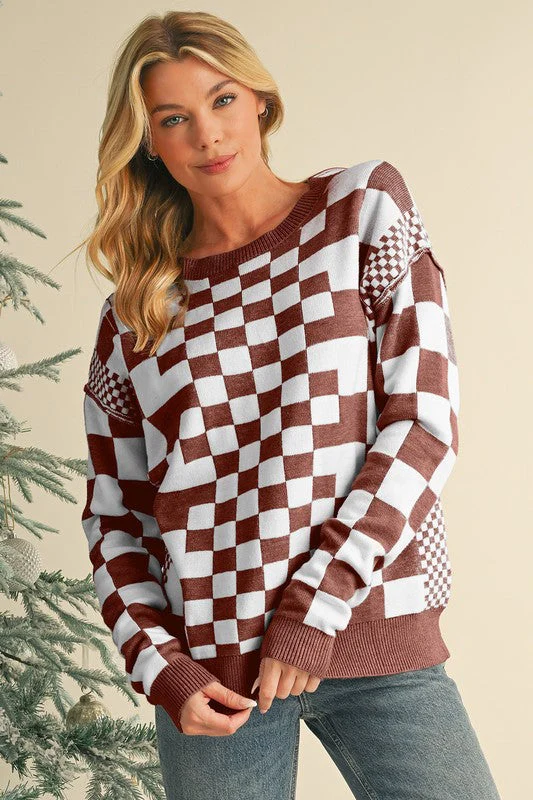 Milena | Checked crew neck sweater with dropped shoulders
