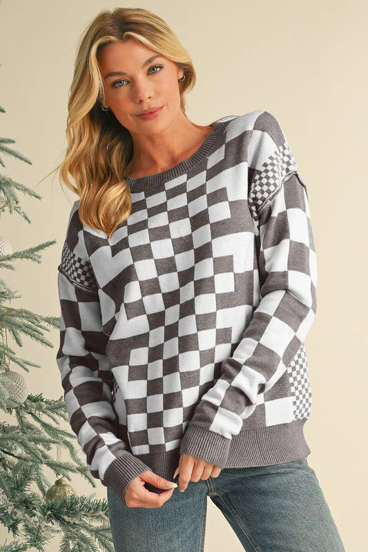 Milena | Checked crew neck sweater with dropped shoulders - Image 4