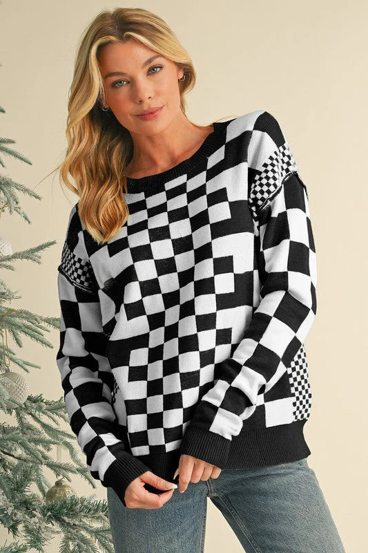 Milena | Checked crew neck sweater with dropped shoulders - Image 5