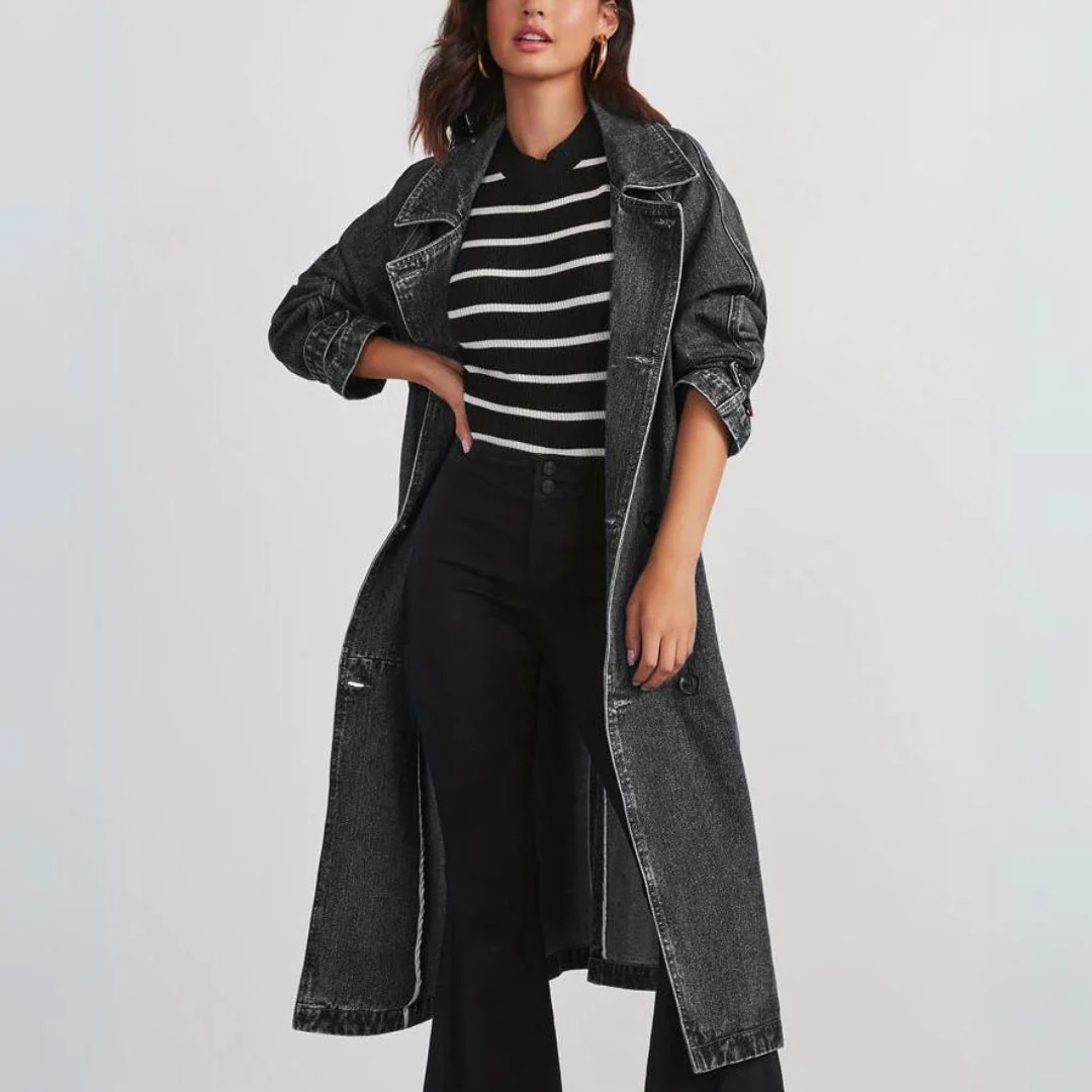Mina | Long denim trench coat for women - Image 2