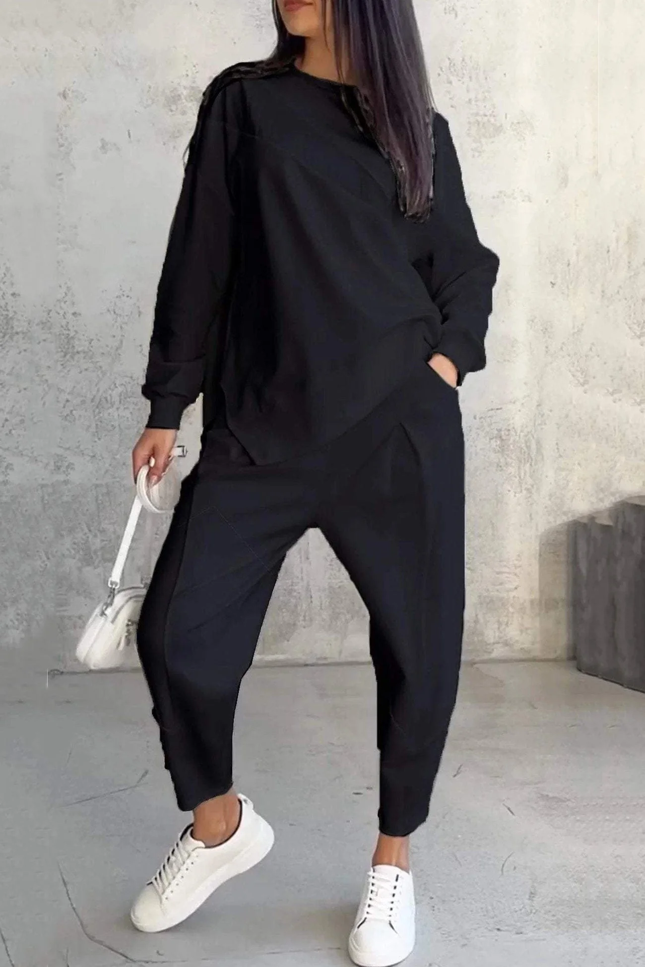 Miriam | Crew neck sweatshirt suits with irregular hem - Image 4