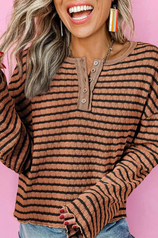 Monica | Striped long sleeve henley top with ruffle trim and texture - Image 5