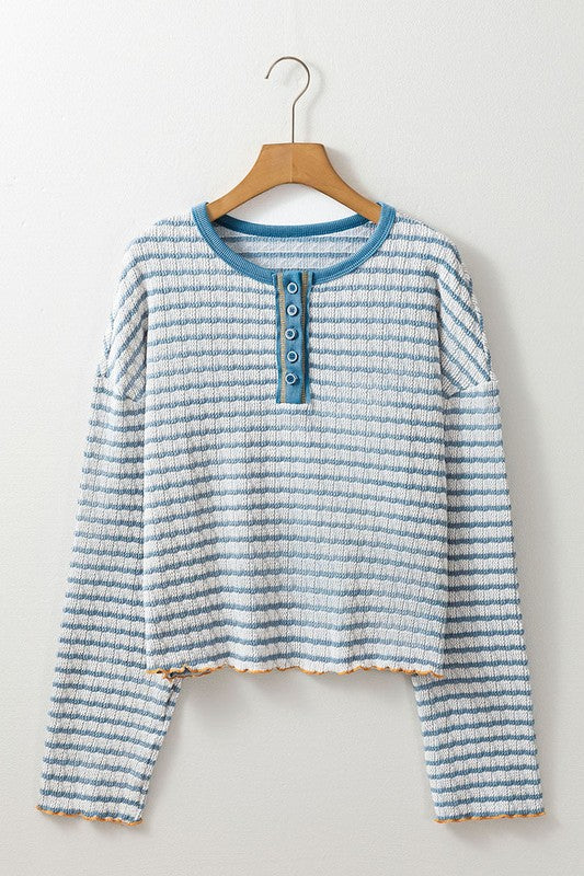 Monica | Striped long sleeve henley top with ruffle trim and texture - Image 8
