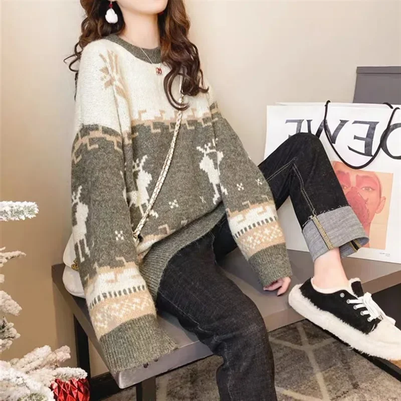 Monica | Women's striped Christmas deer knit sweater with loose fit and warm knit sweater - Image 2