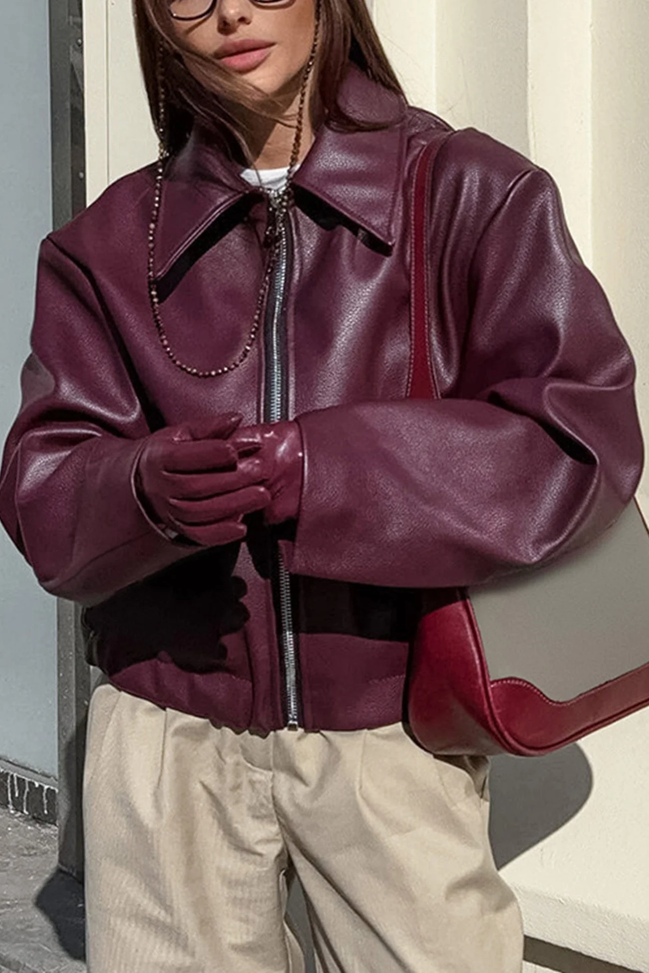 Monique | Wine red PU jacket with zip - Image 2
