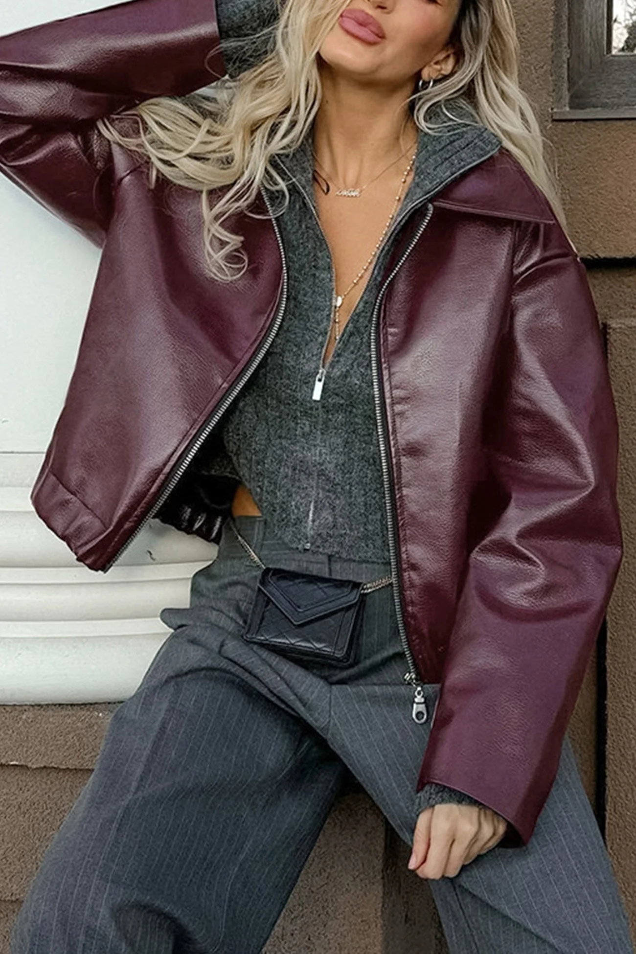 Monique | Wine red PU jacket with zip - Image 5