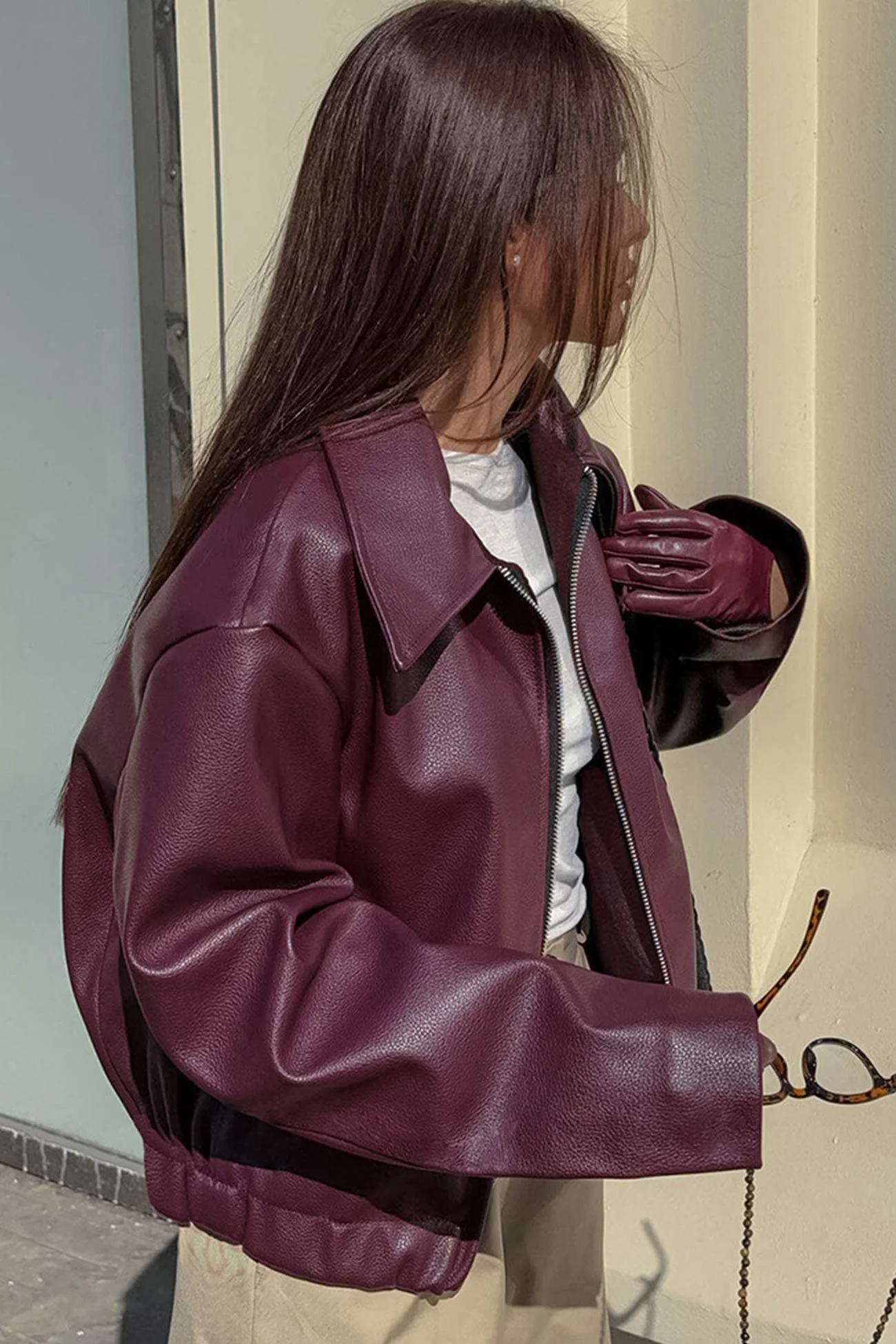 Monique | Wine red PU jacket with zip - Image 9