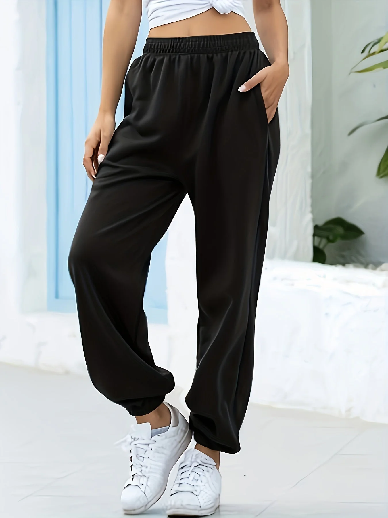 Nadia | Solid color stretch high waist joggers - Image 2