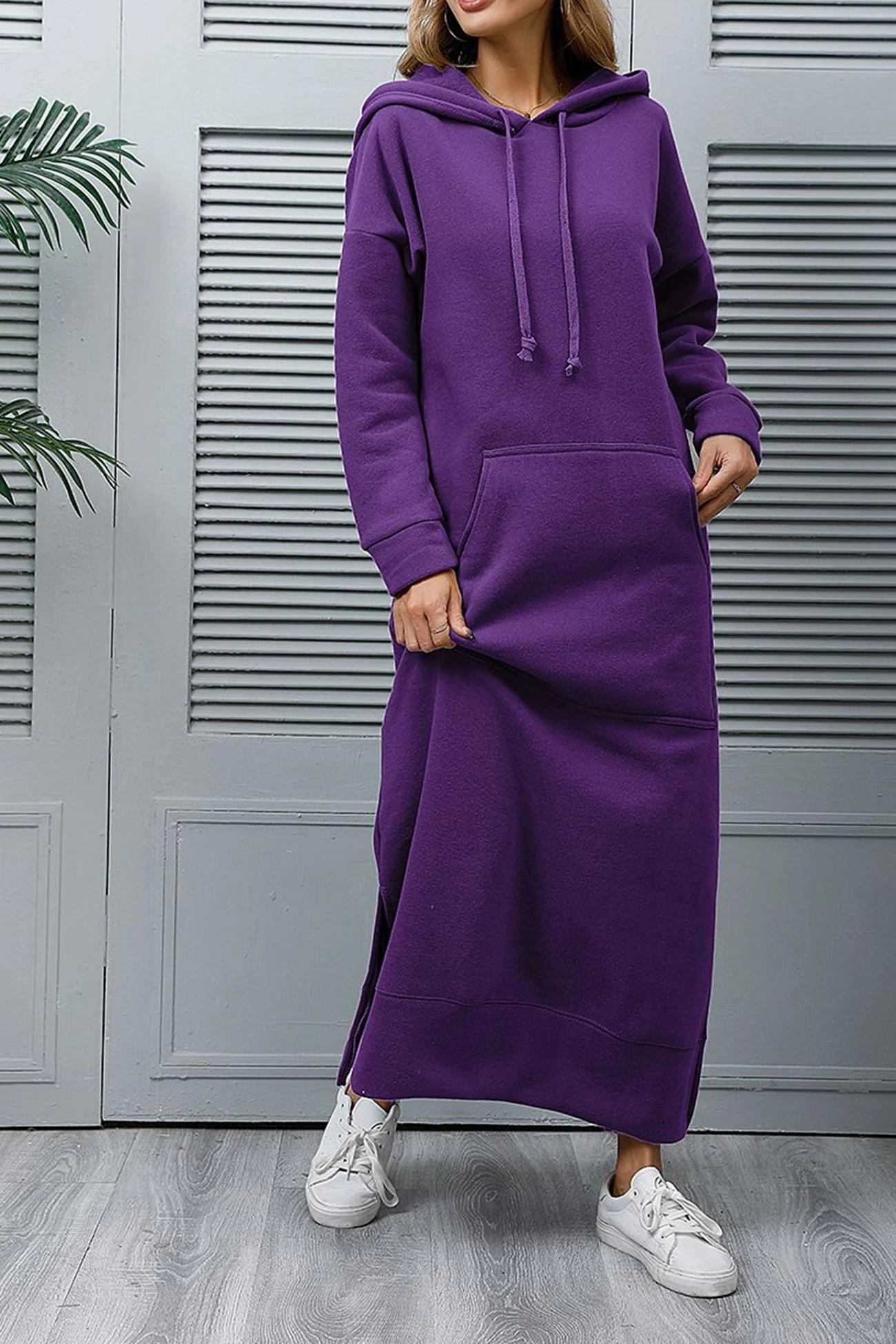 Nadia | Solid hooded dress with pockets and a slit at the hem - Image 12
