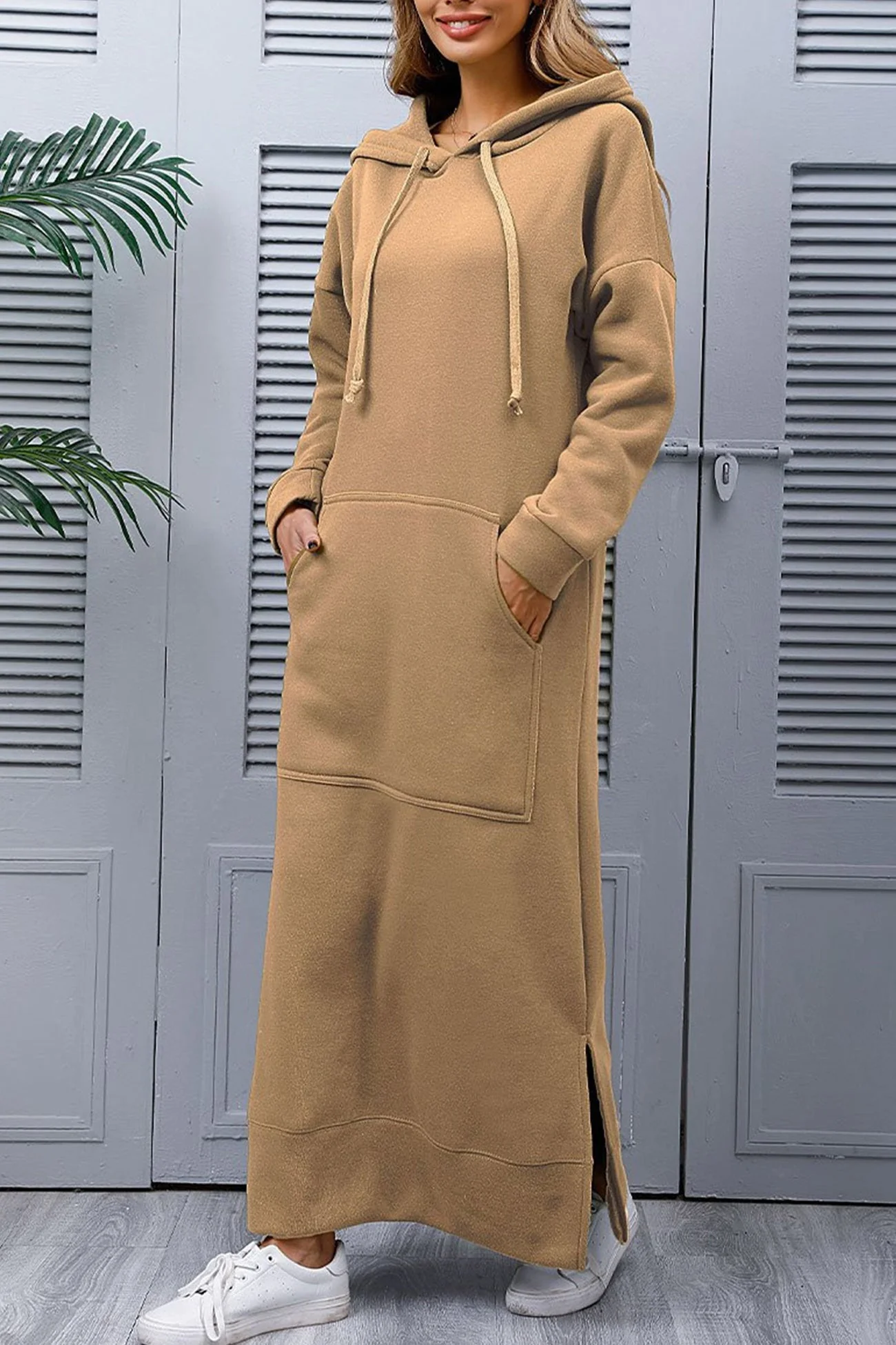 Nadia | Solid hooded dress with pockets and a slit at the hem - Image 15