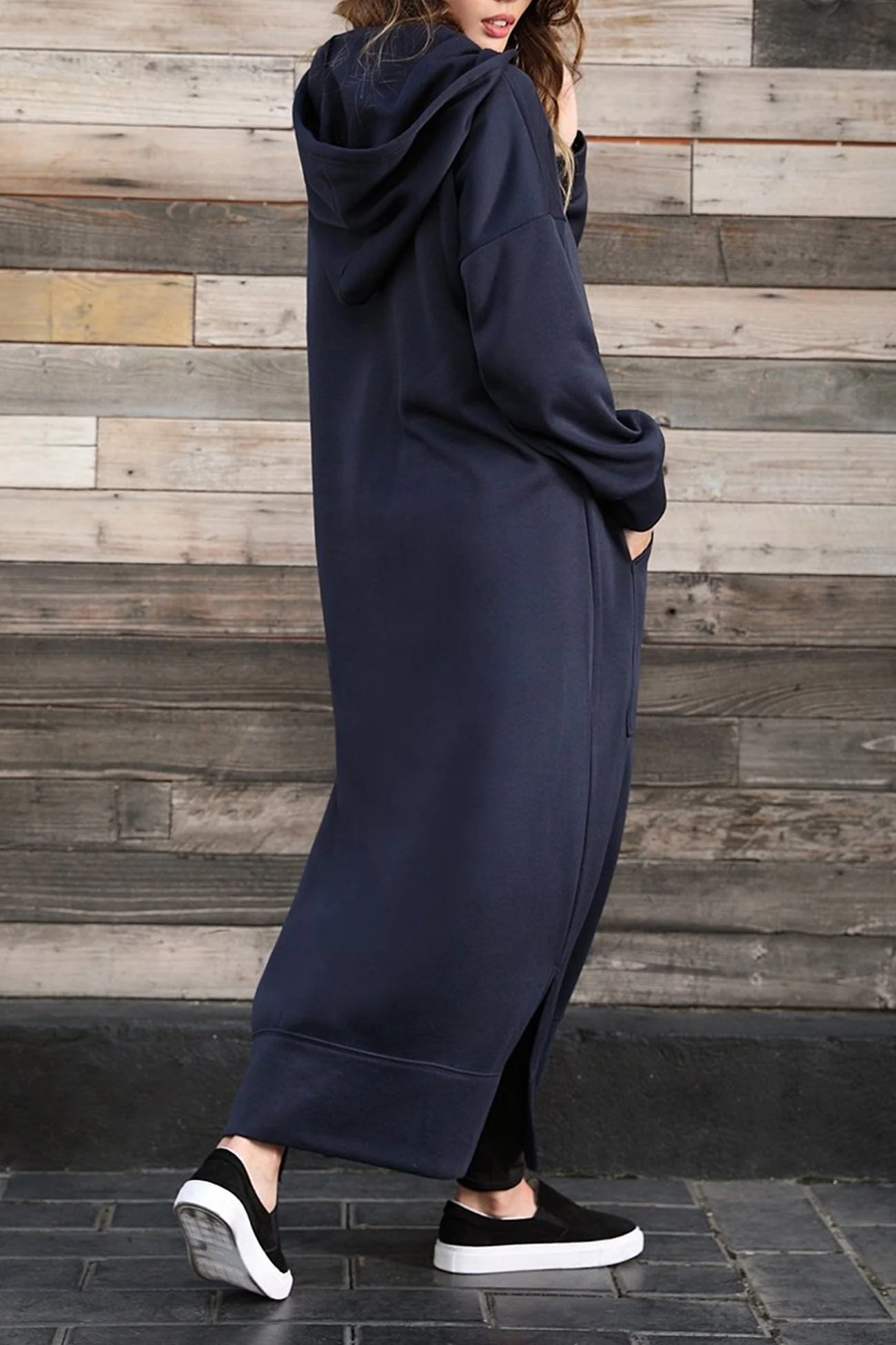 Nadia | Solid hooded dress with pockets and a slit at the hem - Image 24