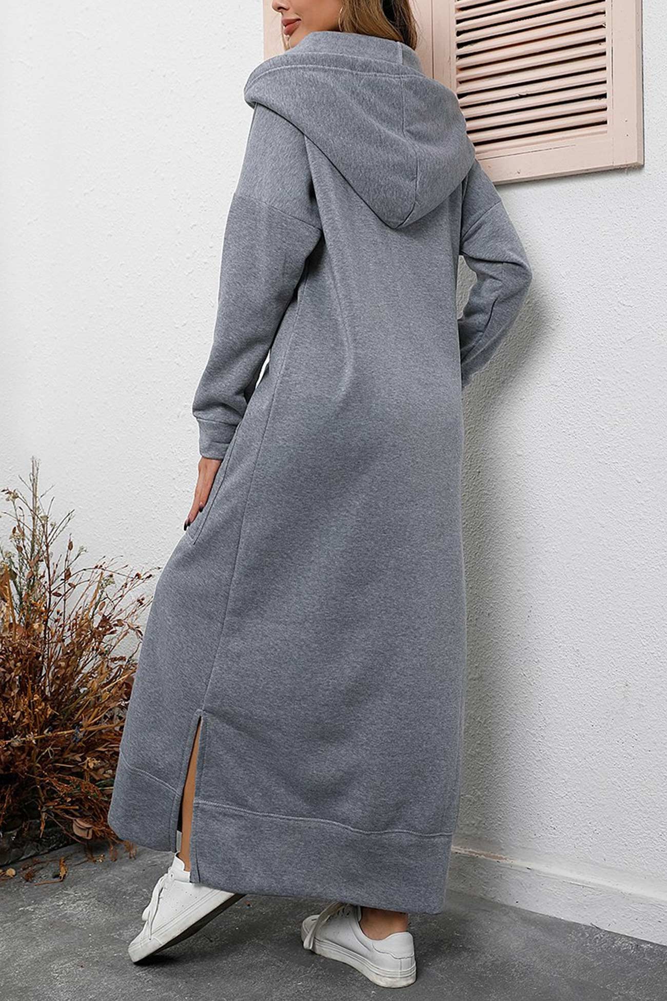 Nadia | Solid hooded dress with pockets and a slit at the hem - Image 8