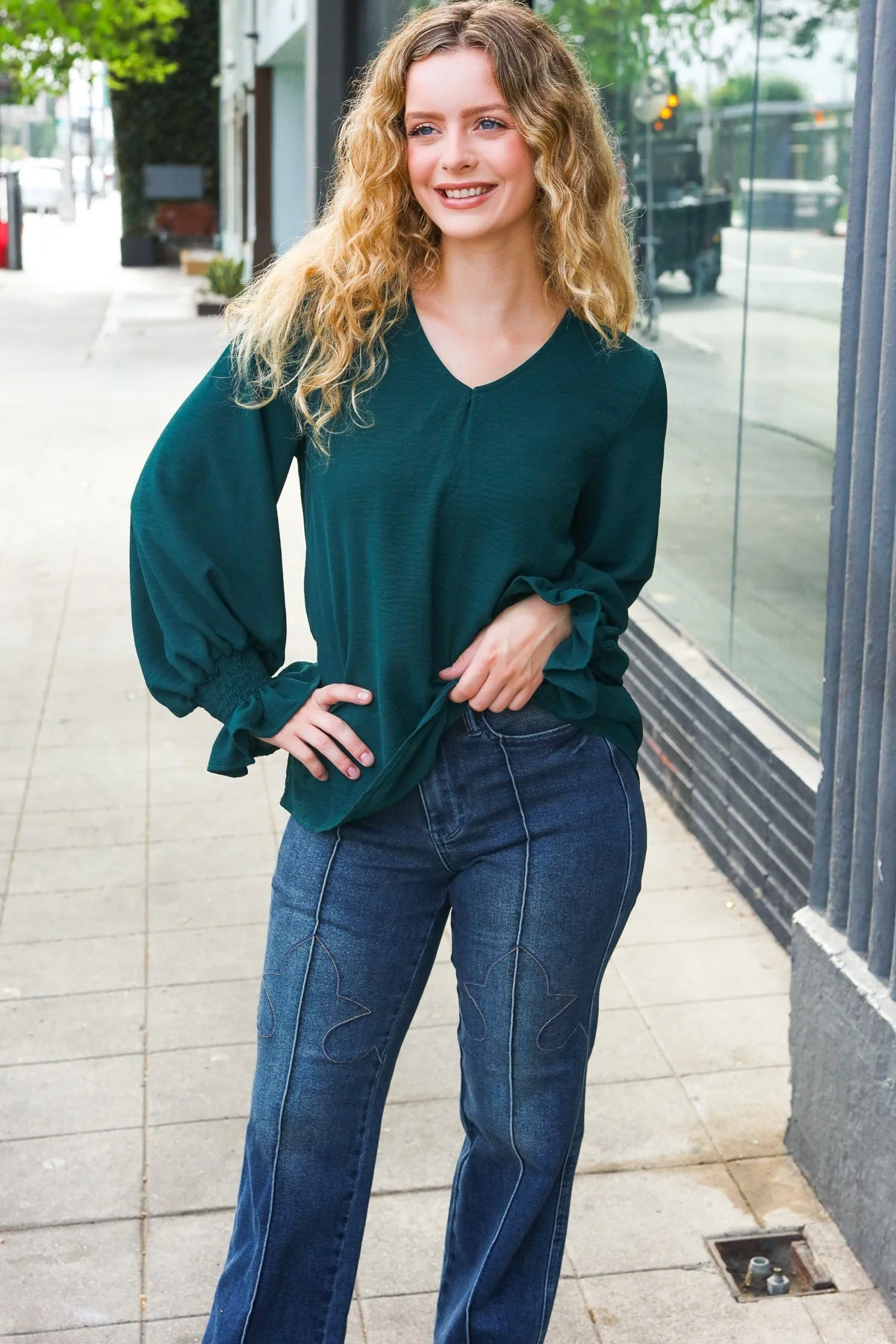 Nadine | Hello beautiful hunter green smocked woven top with bubble sleeves - Image 10