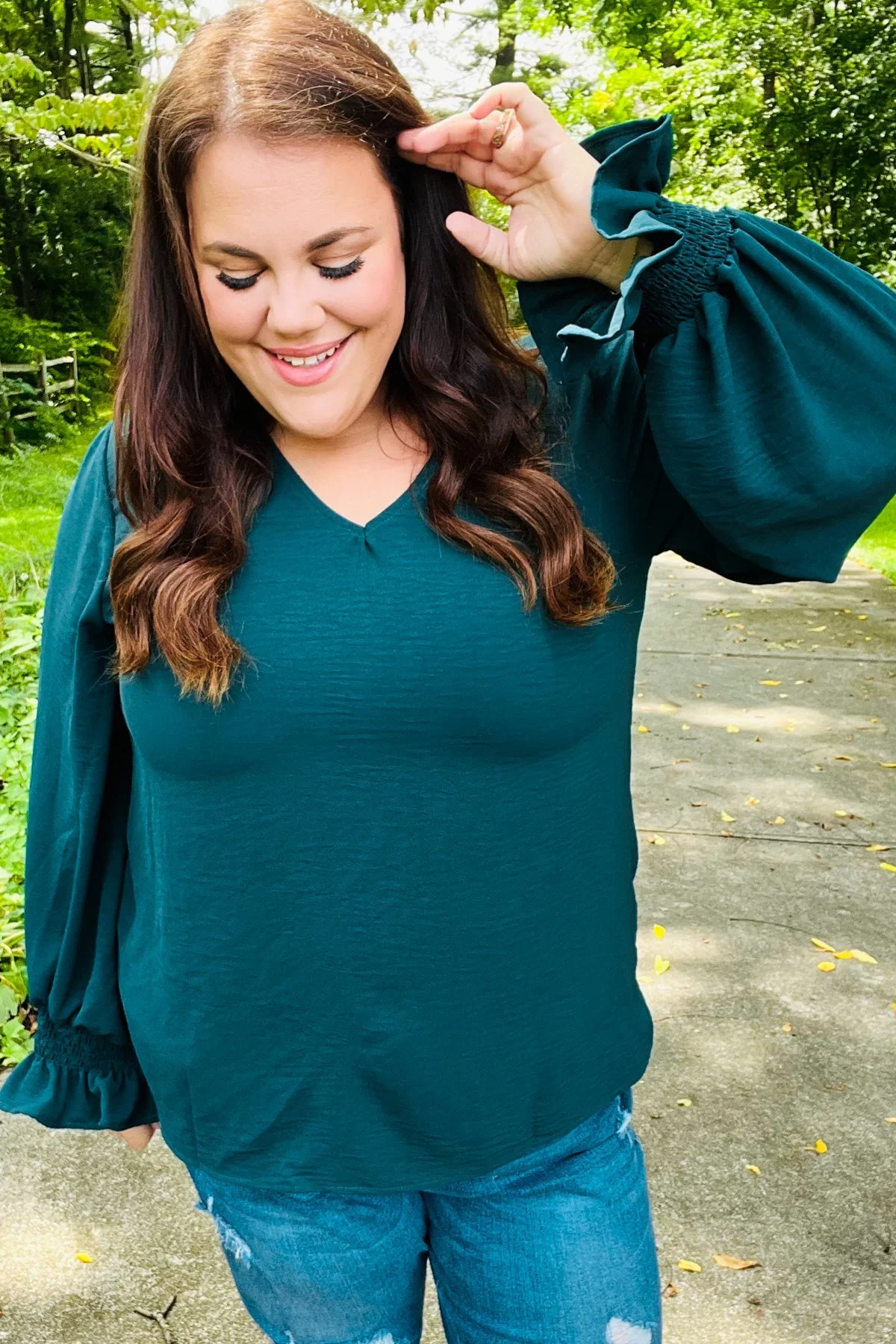 Nadine | Hello beautiful hunter green smocked woven top with bubble sleeves - Image 14