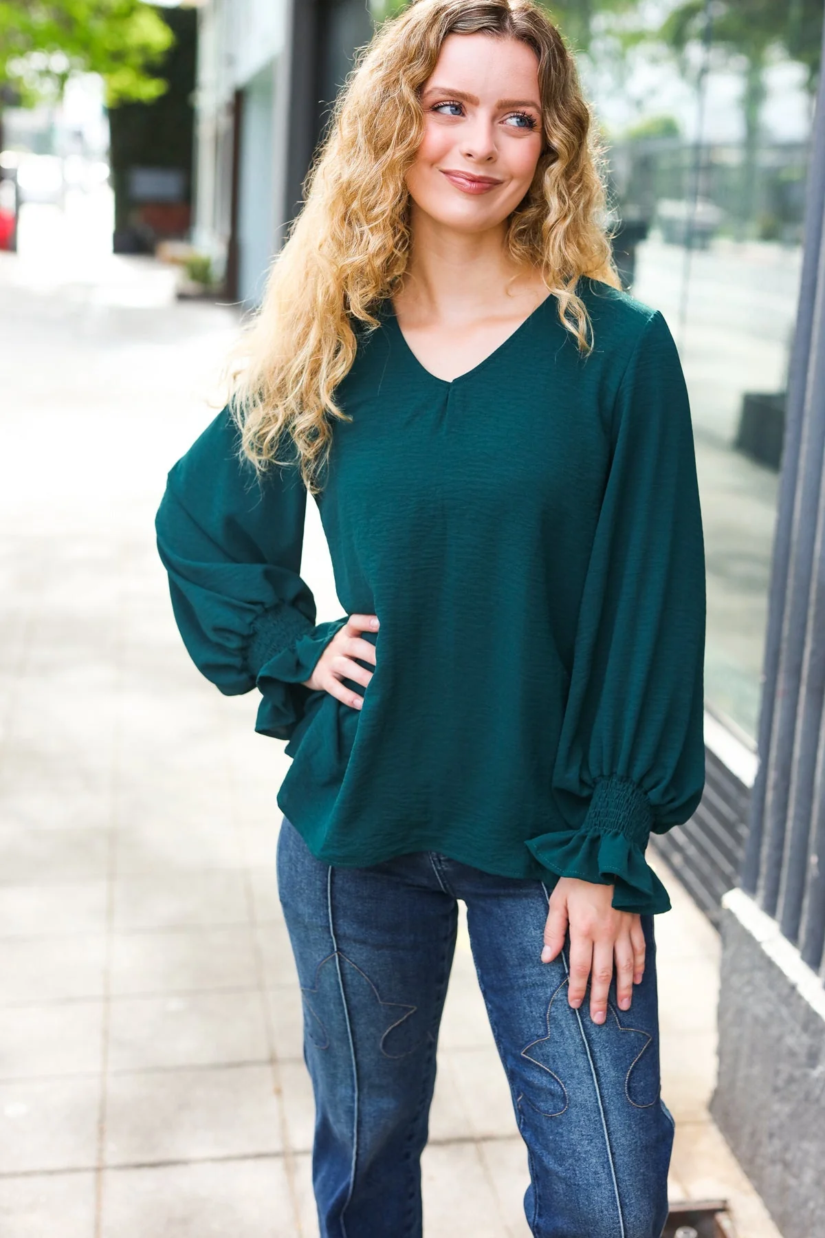 Nadine | Hello beautiful hunter green smocked woven top with bubble sleeves - Image 18