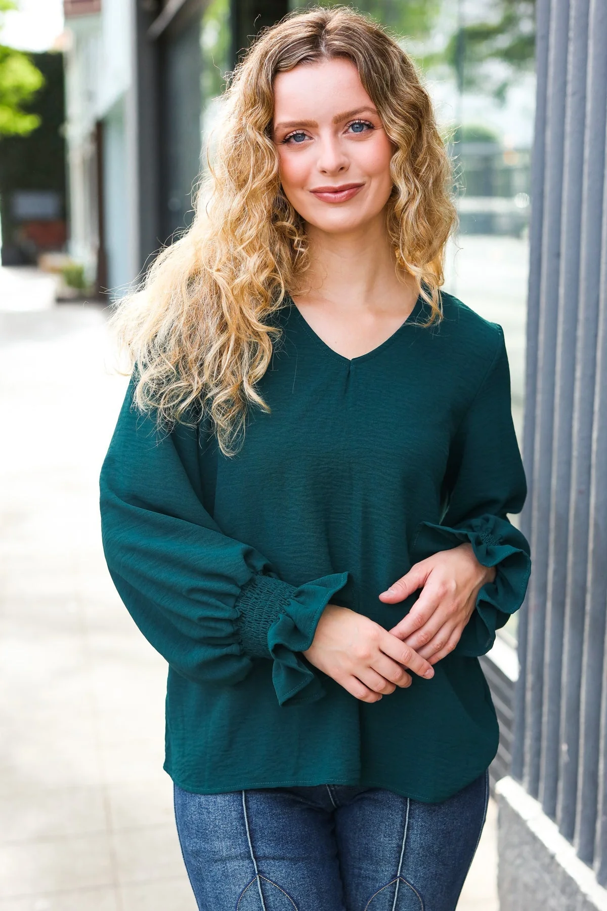 Nadine | Hello beautiful hunter green smocked woven top with bubble sleeves - Image 2