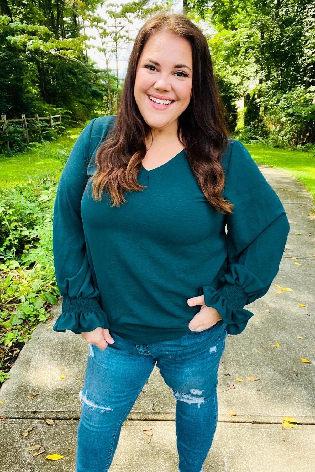 Nadine | Hello beautiful hunter green smocked woven top with bubble sleeves - Image 3