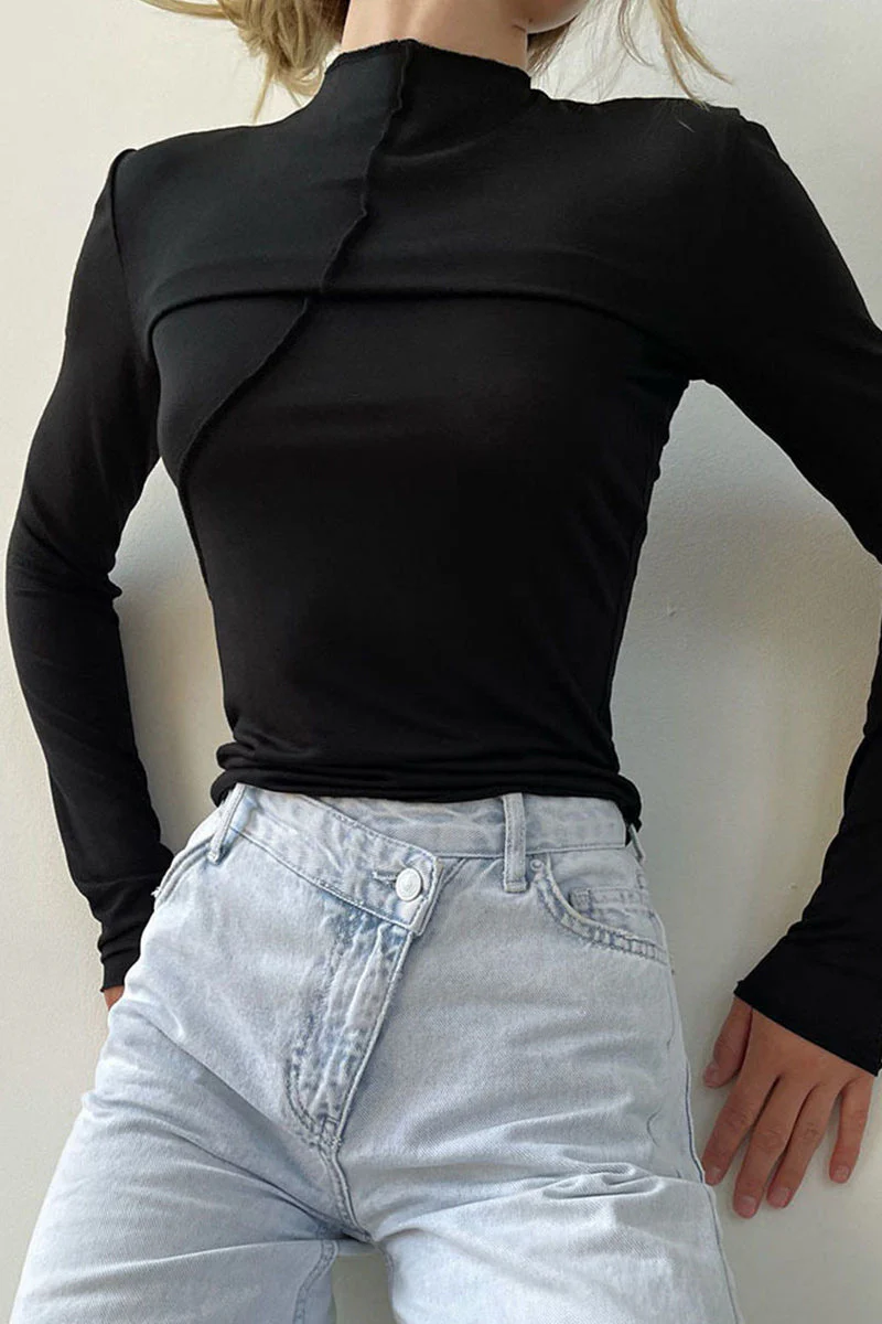 Nancy | Casual plain solid color half turtleneck tops - Image 4