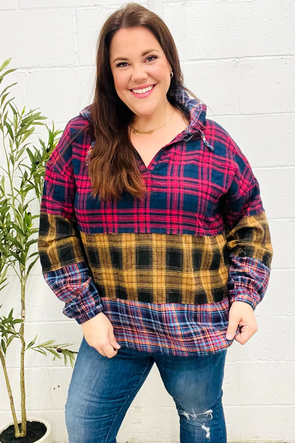 Natalia | Holiday-ready red and mustard check flannel hoodie with a notched neckline - Image 11