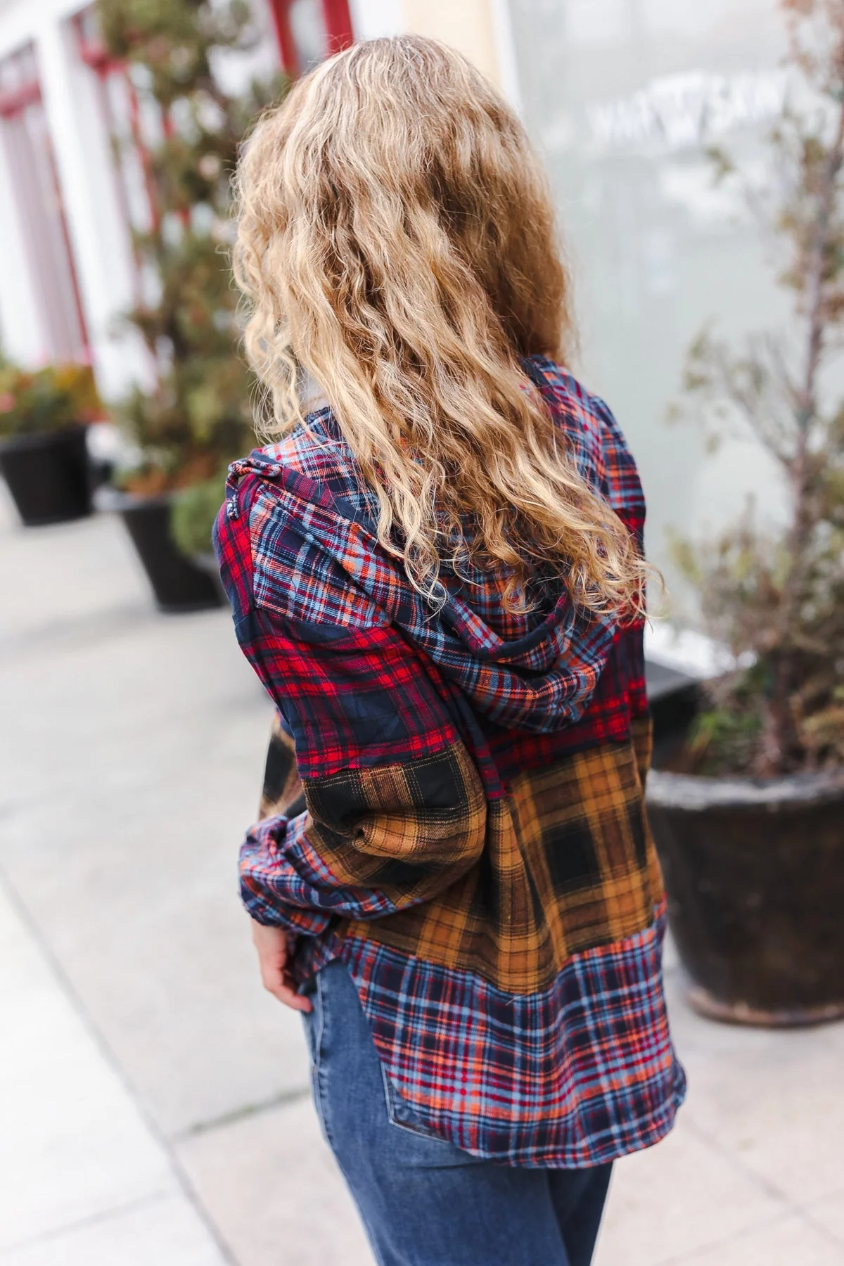 Natalia | Holiday-ready red and mustard check flannel hoodie with a notched neckline - Image 12