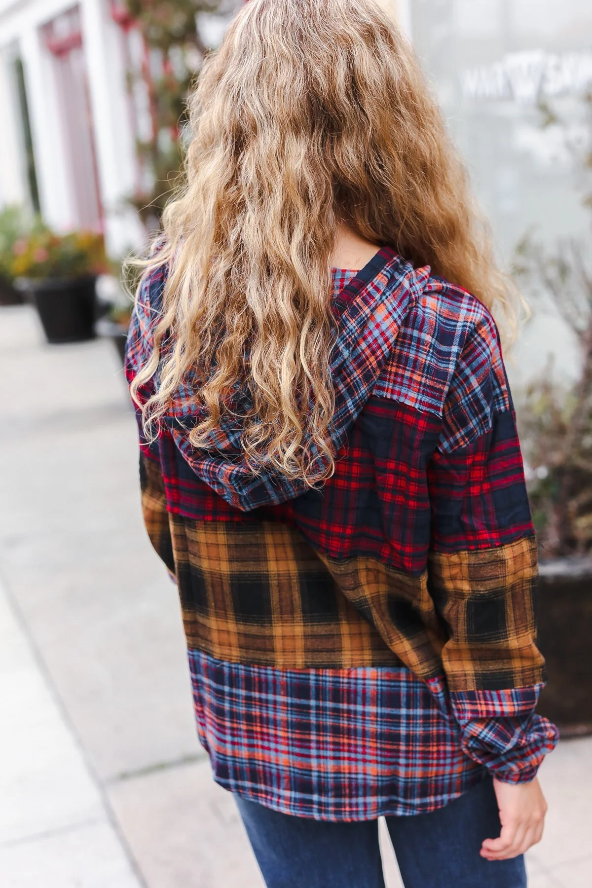 Natalia | Holiday-ready red and mustard check flannel hoodie with a notched neckline - Image 22
