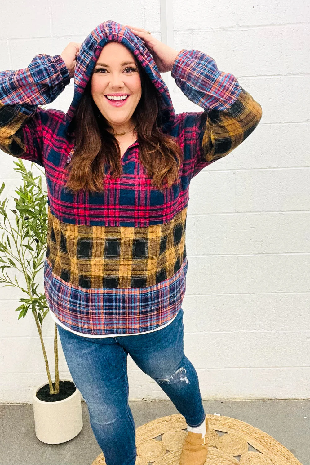 Natalia | Holiday-ready red and mustard check flannel hoodie with a notched neckline - Image 6