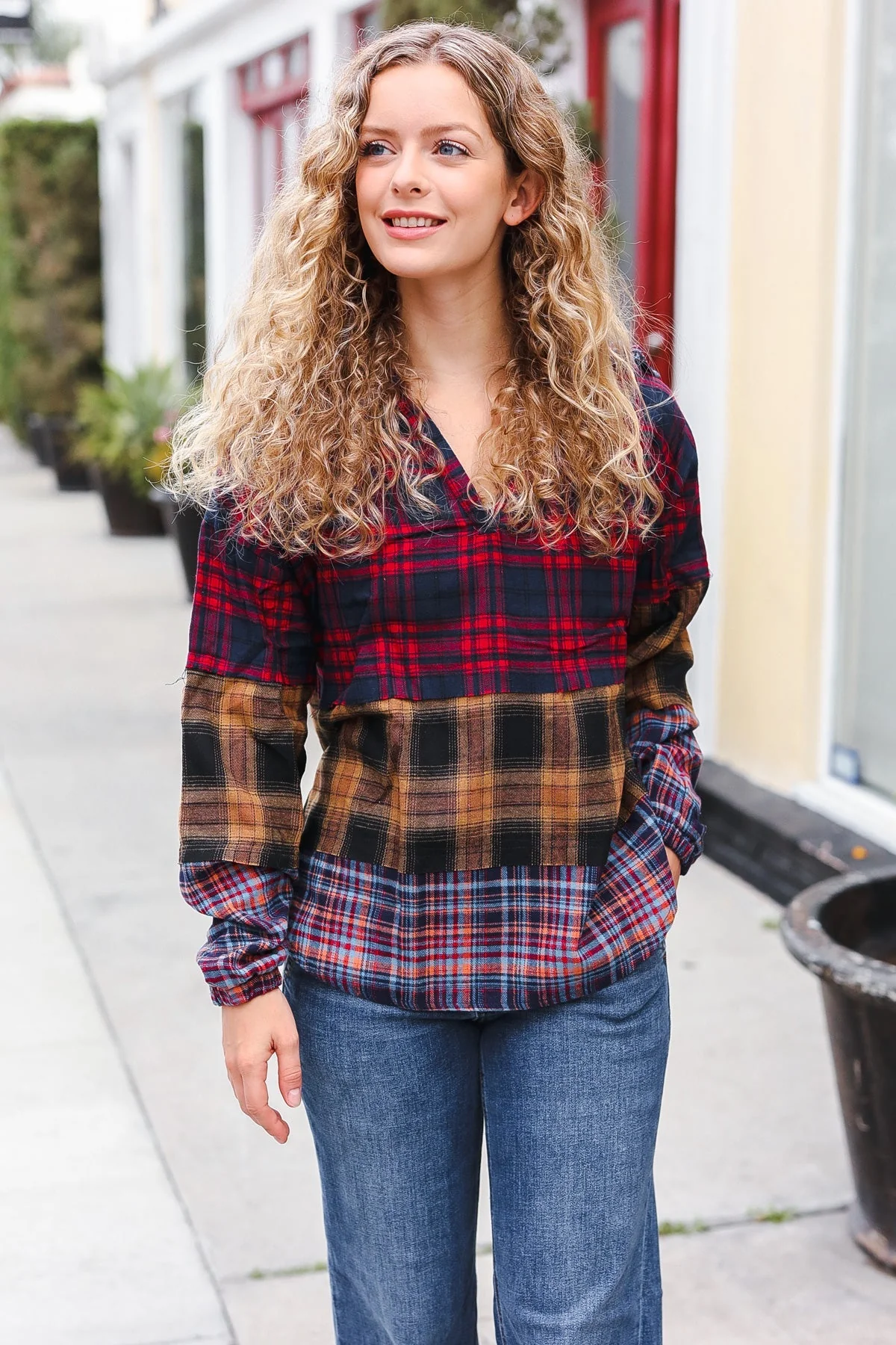 Natalia | Holiday-ready red and mustard check flannel hoodie with a notched neckline - Image 7