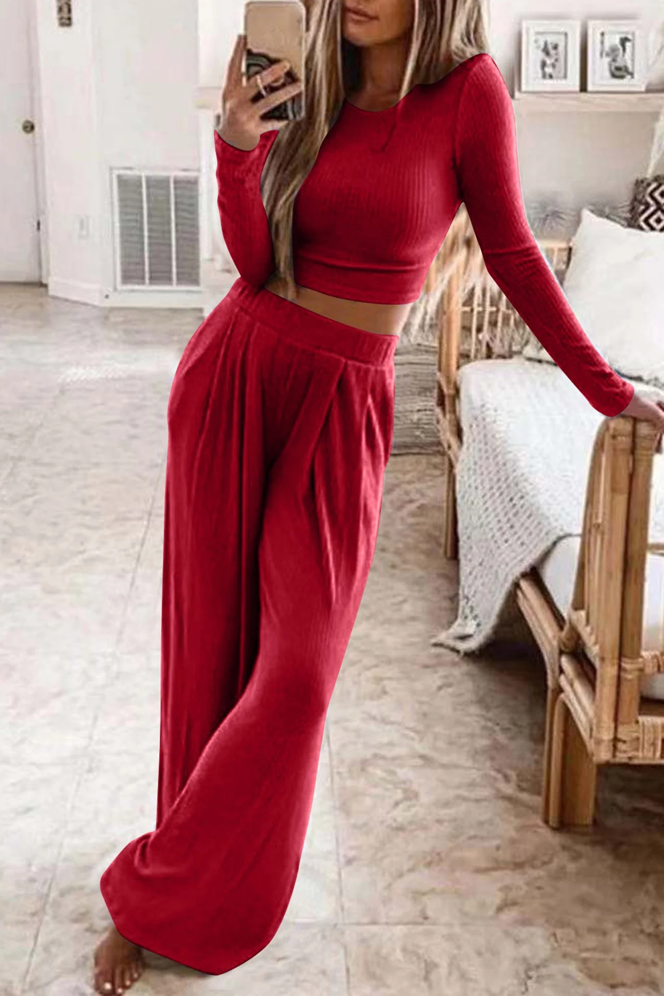 Natalia | Solid color ribbed crop top long pants set - Image 5