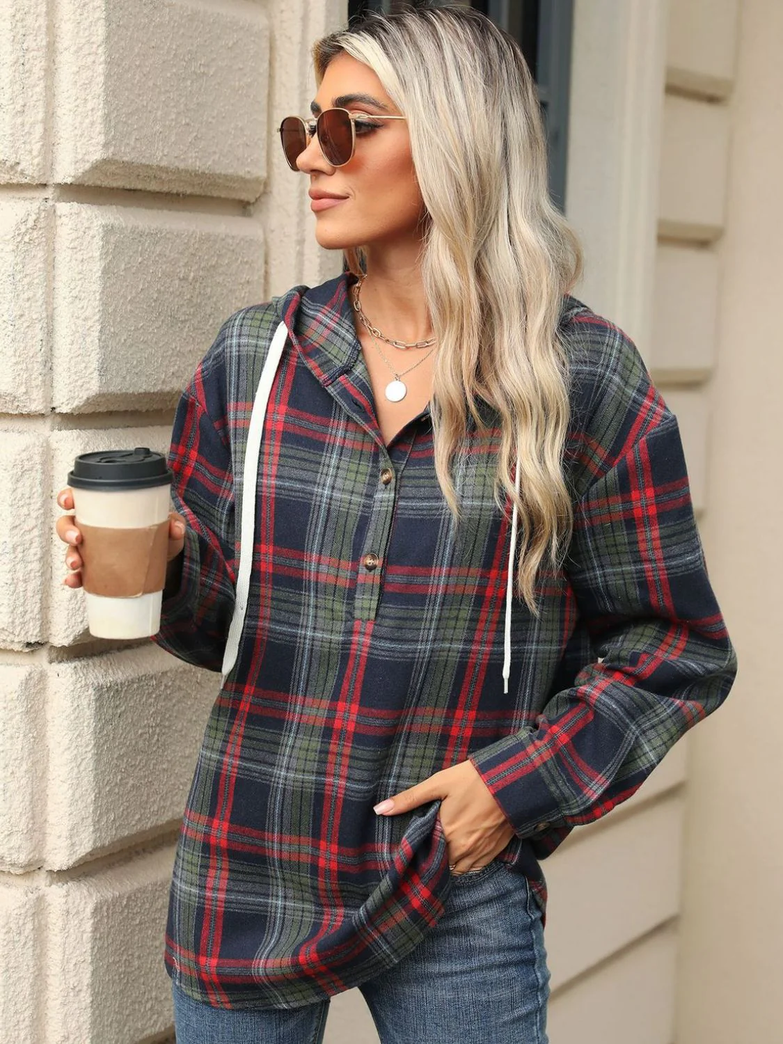 Nathalie | Long sleeve top with drawstring and checked hood - Image 11
