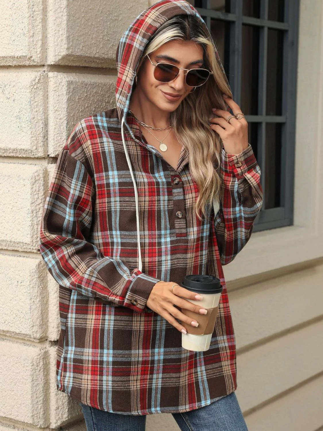 Nathalie | Long sleeve top with drawstring and checked hood - Image 13