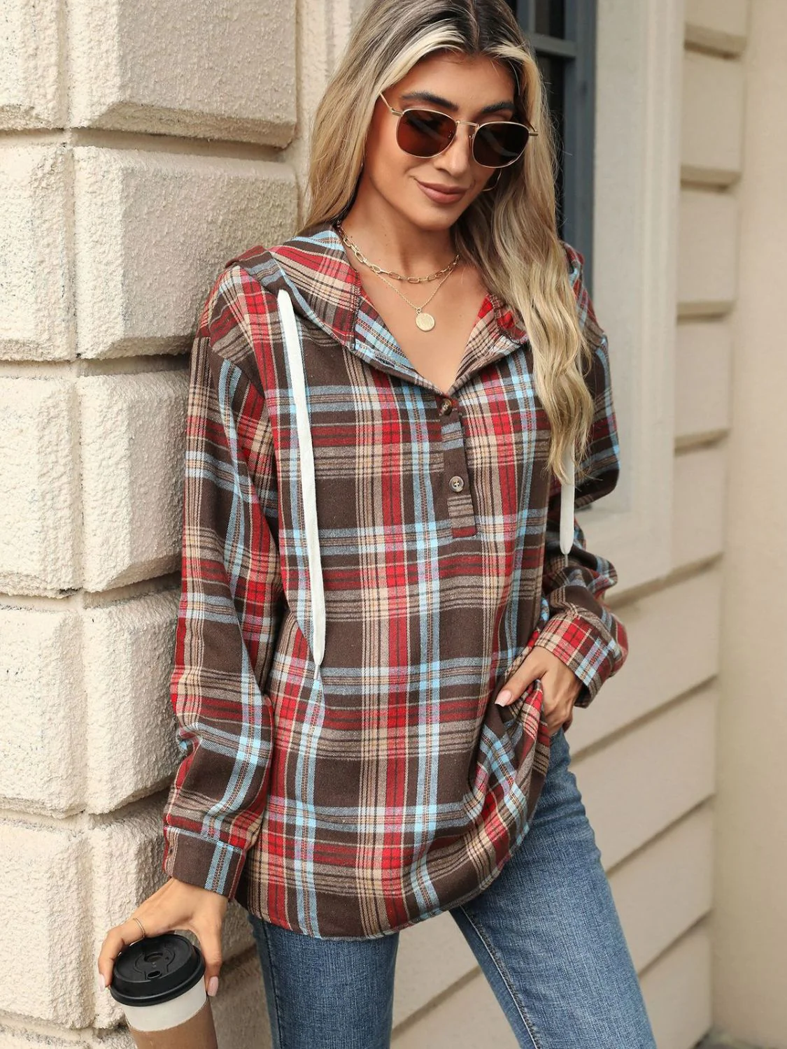 Nathalie | Long sleeve top with drawstring and checked hood - Image 15