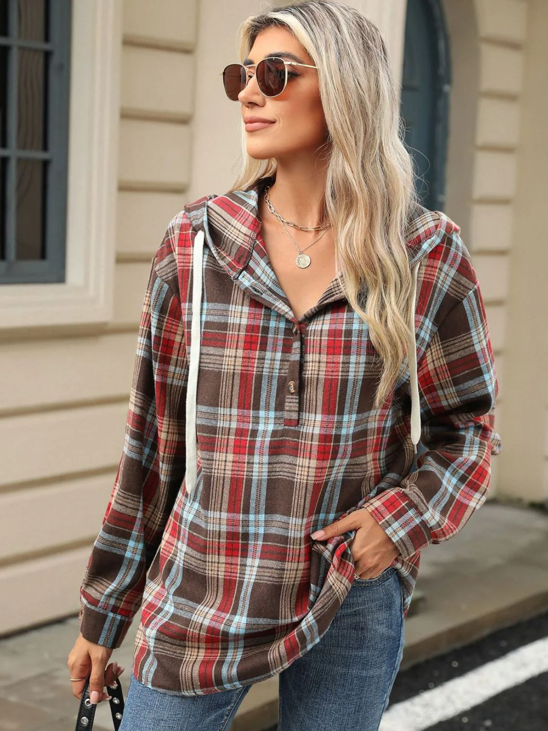 Nathalie | Long sleeve top with drawstring and checked hood - Image 16
