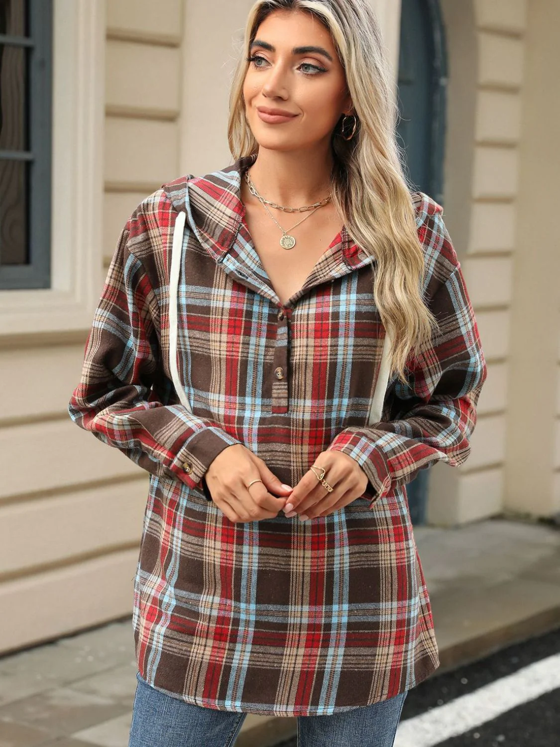 Nathalie | Long sleeve top with drawstring and checked hood - Image 17