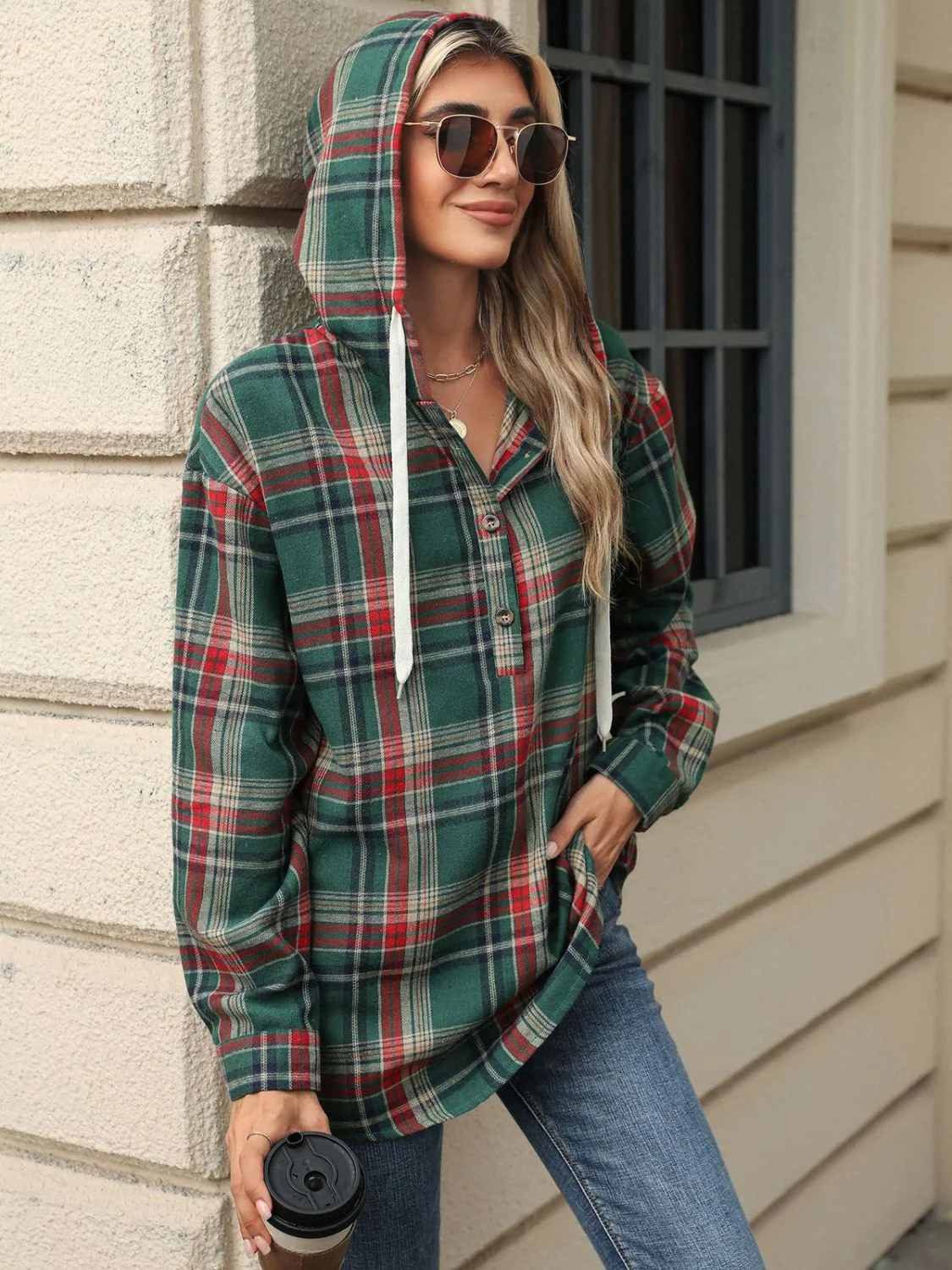 Nathalie | Long sleeve top with drawstring and checked hood - Image 2