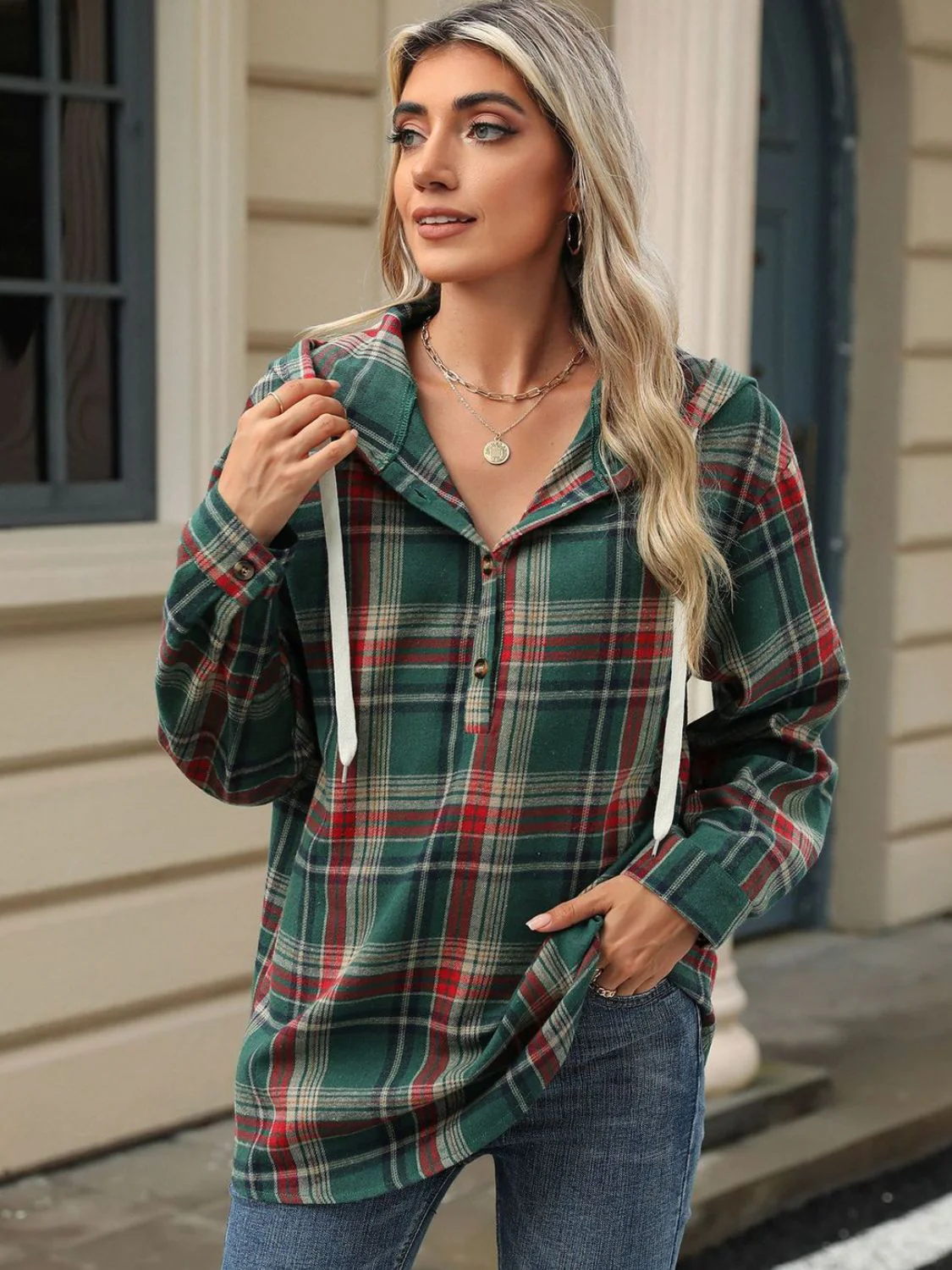 Nathalie | Long sleeve top with drawstring and checked hood - Image 5