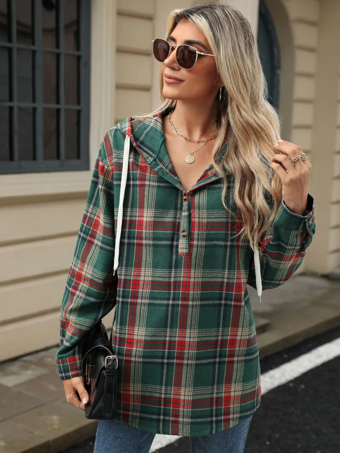 Nathalie | Long sleeve top with drawstring and checked hood - Image 6