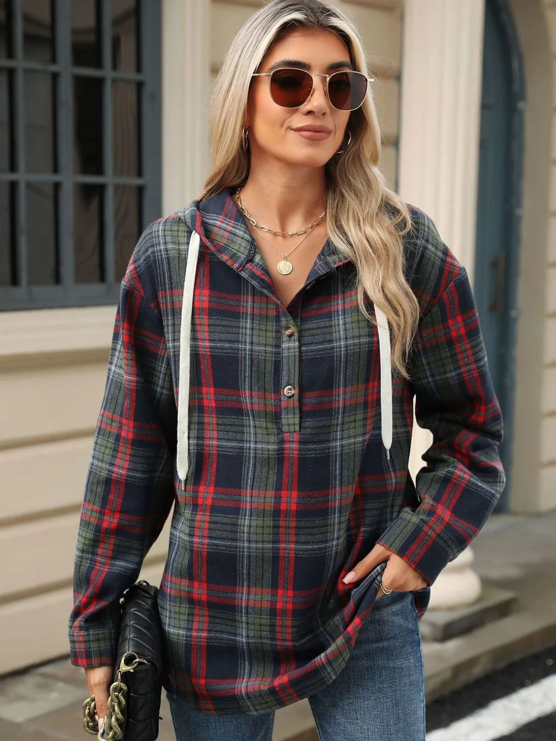Nathalie | Long sleeve top with drawstring and checked hood - Image 9