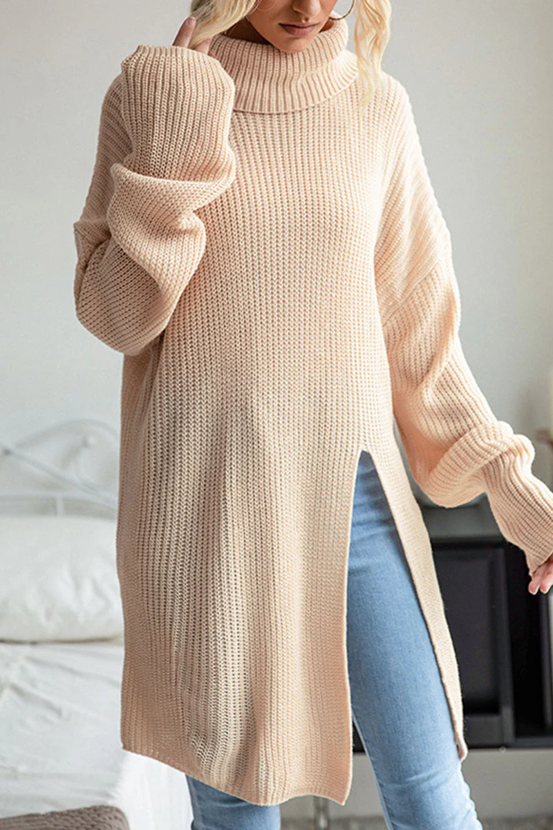 Nicol | Casual plain plain turtleneck tops with slit