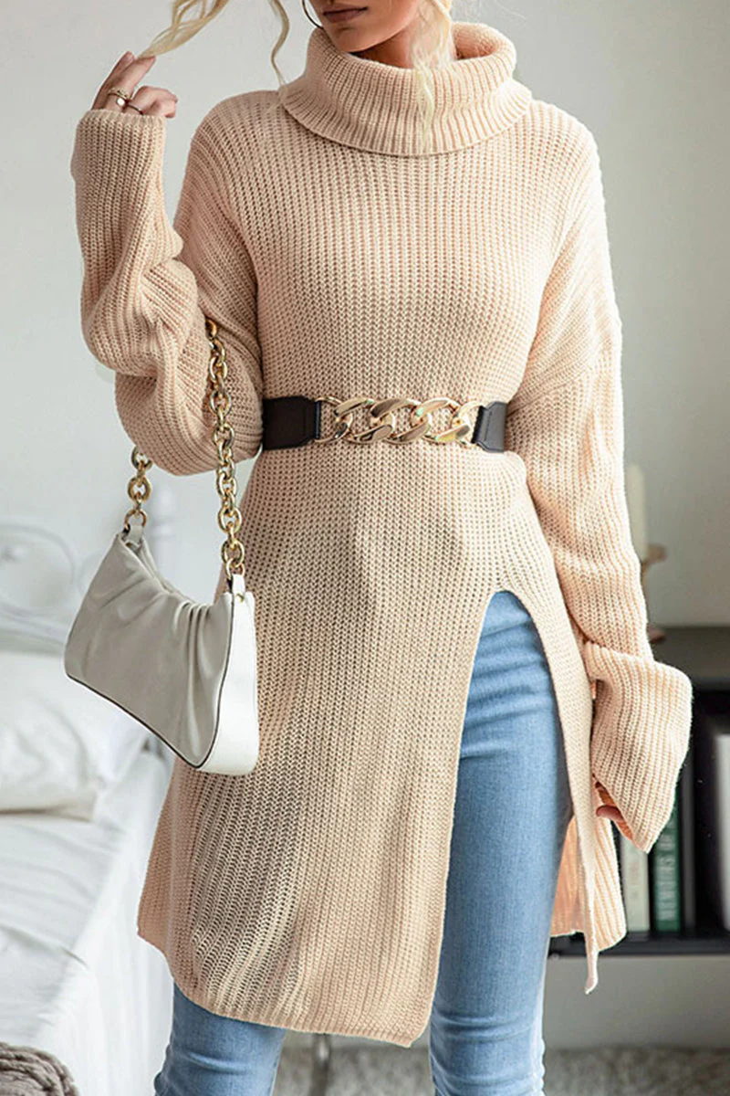 Nicol | Casual plain plain turtleneck tops with slit - Image 2