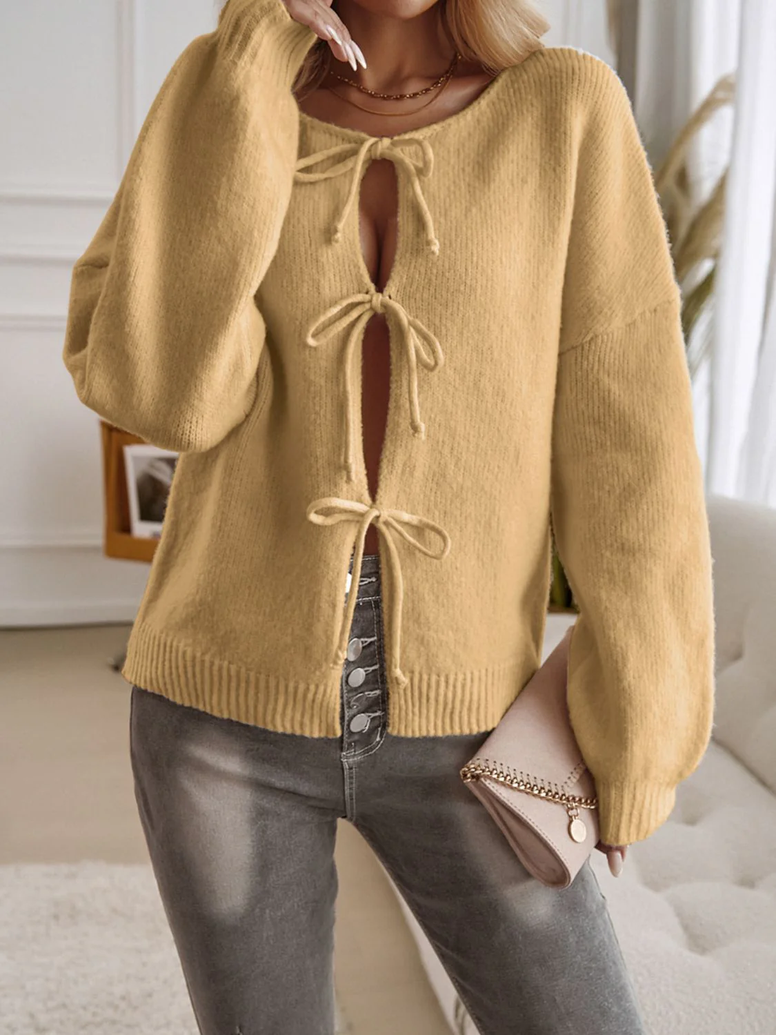 Nina | Cardigan with dropped shoulders and tied crew neck - Image 9