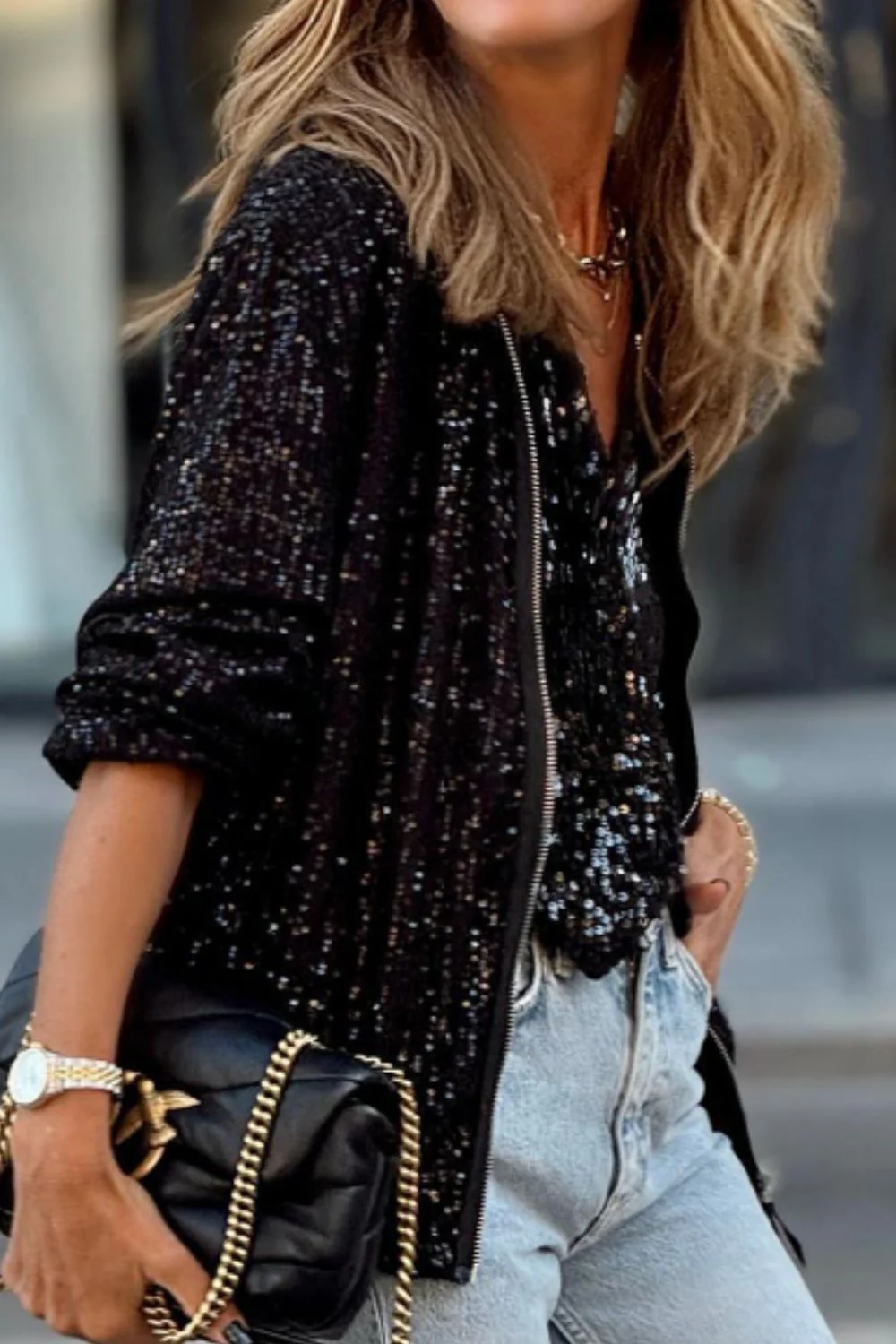 Nina | Long sleeve jacket with sequins and zip - Image 11